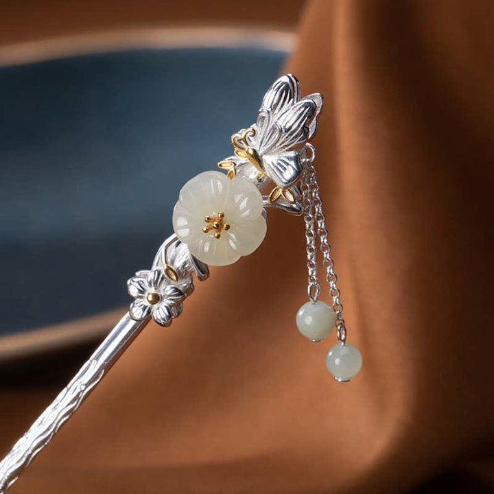 Buddha Stones 925 Sterling Silver Hetian White Jade Flower Blessing Hairpin - image 11