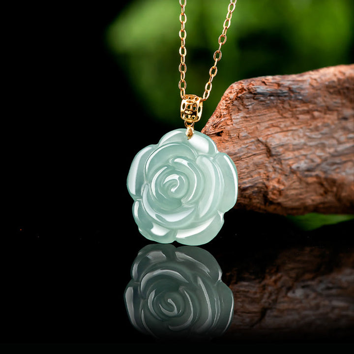 Buddha Stones Natural Jade Rose Luck Necklace Titanium Steel Chain Pendant - image 4