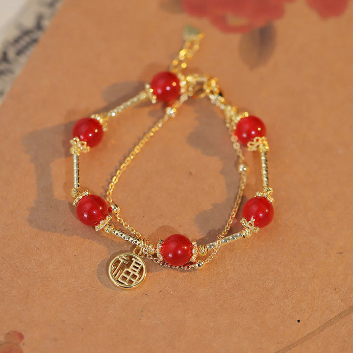 Buddha Stones Red Agate Fu Character Charm Self-acceptance Bracelet - Red Agate(Confidence♥Calm)(Wrist Circumference 14-16cm) - image 0