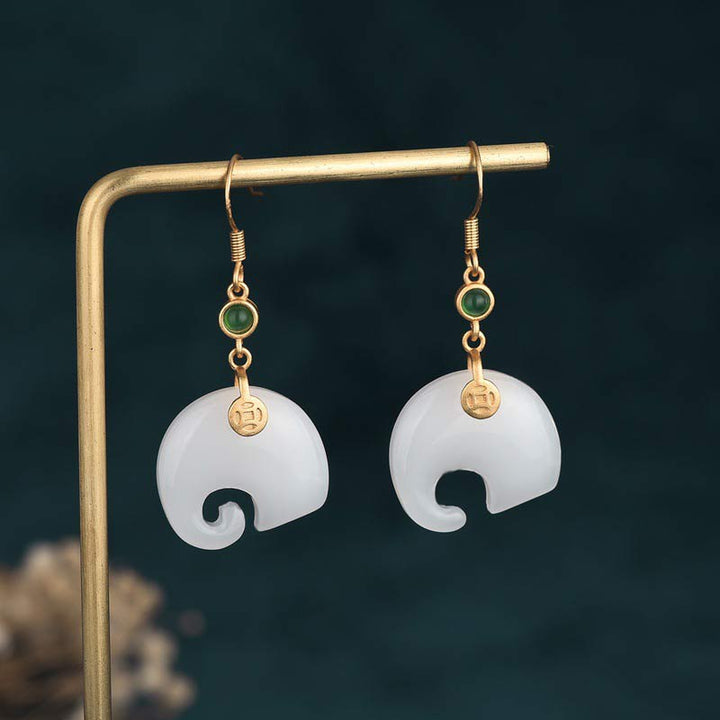 Buddha Stones FengShui Elephant White Jade Fortune Earrings - White Jade - image 0
