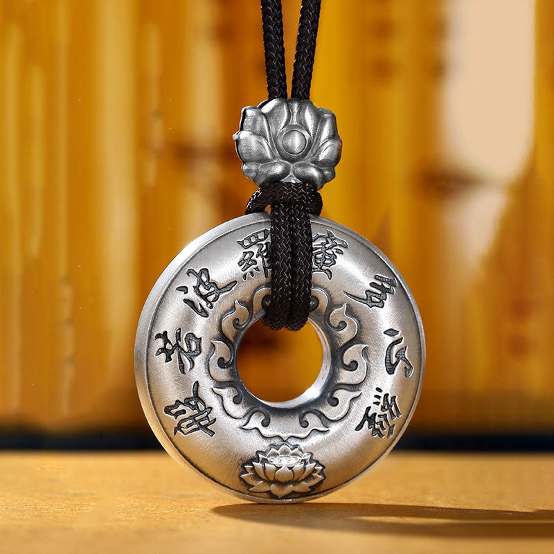 Buddha Stones 999 Sterling Silver Heart Sutra Lotus Peace Buckle Necklace Pendant - image 4