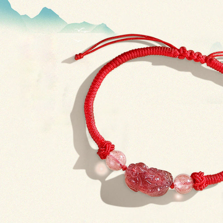 Buddha Stones Handmade Natural Silver Sheen Obsidian Strawberry Quartz PiXiu Protection Braided Bracelet - image 9