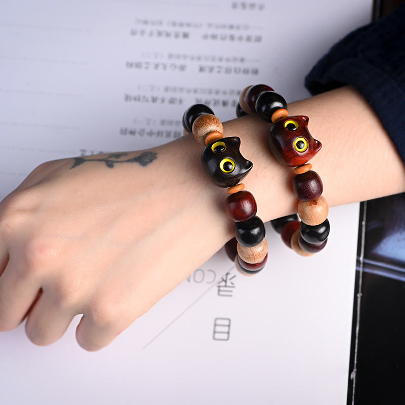 Buddha Stones Small Leaf Red Sandalwood Ebony Wood Cute Cat Engraved Protection Bracelet - image 23