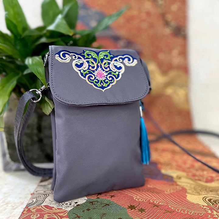 Buddha Stones Waterproof Handmade Embroidered Lotus Flowers Crossbody Bag Shoulder Bag Cellphone Bag - Gray Flower - image 13