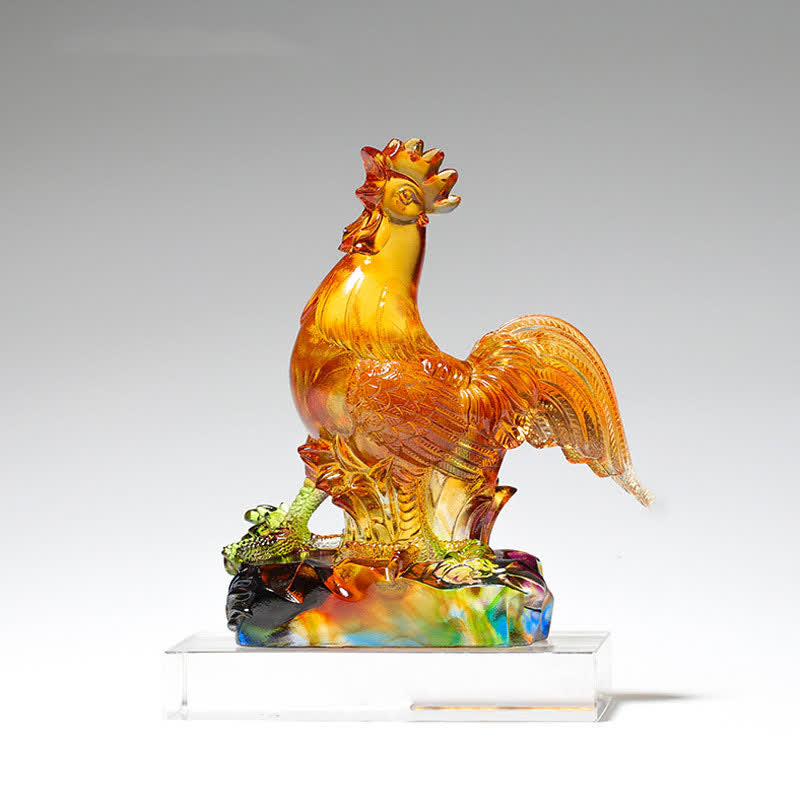 Buddha Stones Handmade Liuli Crystal Rooster Art Piece Home Decoration - Small&Base - image 4