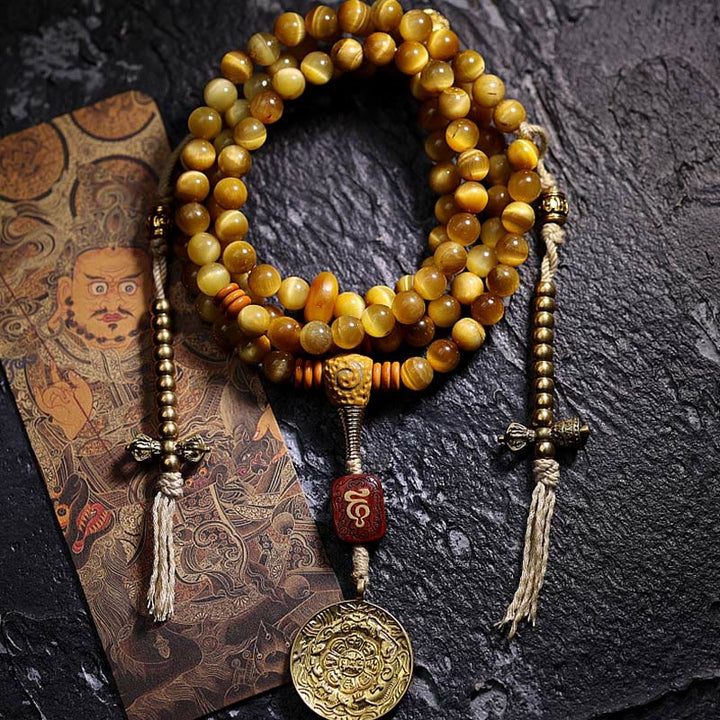 Buddha Stones 108 Mala Beads Natural Tiger Eye Copper Dorje Protection Tassel Bracelet - 8mm - Tiger Eye Nine Palaces Eight Diagrams - Copper Dorje - image 23