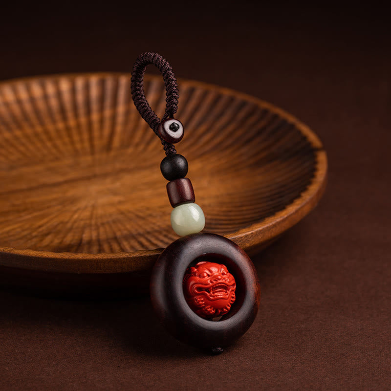 Buddha Stones Tibet Om Mani Padme Hum PiXiu Copper Coin Small Leaf Red Sandalwood Cinnabar Protection Key Chain - image 11