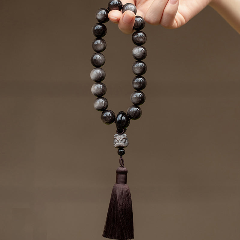 Buddha Stones Natural Silver Sheen Obsidian Black Obsidian Lion Wrist Mala Protection Tassels Pocket Mala Car Decoration - image 9