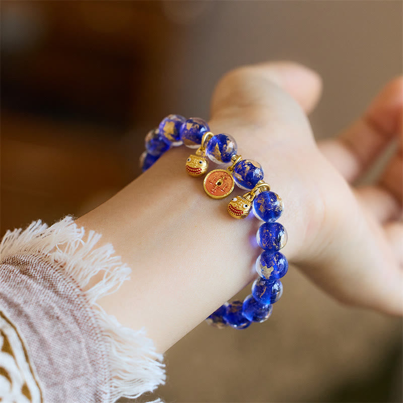 Buddha Stones Gold Swallowing Beast Copper Coin Good Luck Charm Liuli Glass Bead Fortune Bracelet - Dark Blue Liuli Glass Bead(Wrist Circumference 14-16cm) - image 10