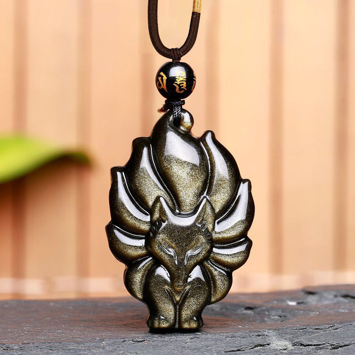 Buddha Stones Natural Rainbow Obsidian Gold Sheen Obsidian Nine Tailed Fox Positive Necklace Pendant - Gold Sheen Obsidian Nine Tailed Fox - image 7