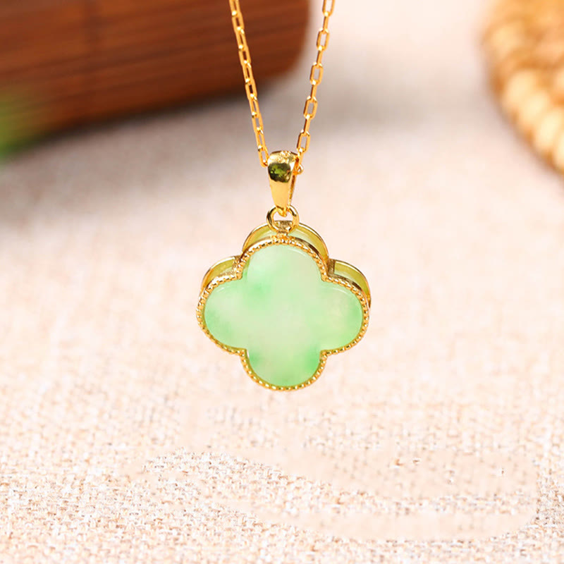 Buddha Stones Four Leaf Clover Jade Pattern Luck Necklace Pendant - image 1