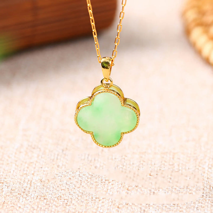 Buddha Stones Four Leaf Clover Jade Pattern Luck Necklace Pendant - image 1