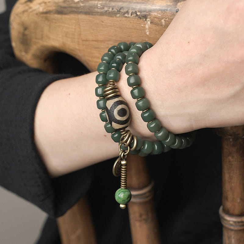 Cyan Bodhi Seed Dzi Bead Wisdom Peace Triple Wrap Bracelet - image 1