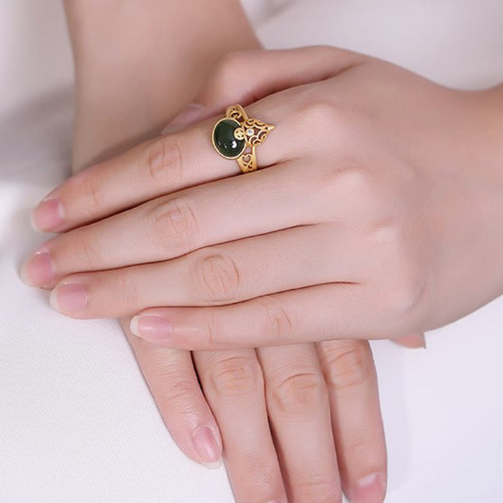 Buddha Stones Gourd Cyan Jade Copper Coin Success Luck Adjustable Ring - image 4