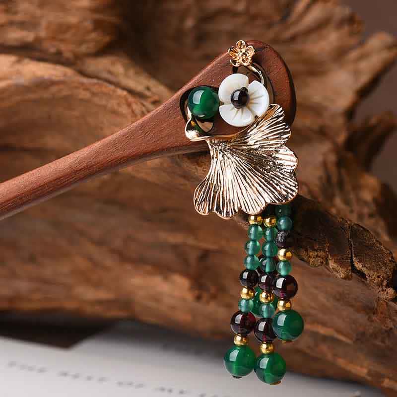 Red Sandalwood Green Agate Ginkgo Leaf Protection Hairpin - image 5