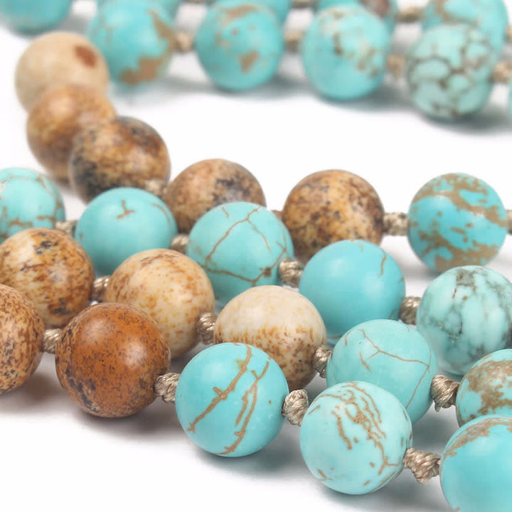 Buddha Stones 108 Mala Beads Turquoise Picture Jasper Wisdom Tassel Bracelet - image 2