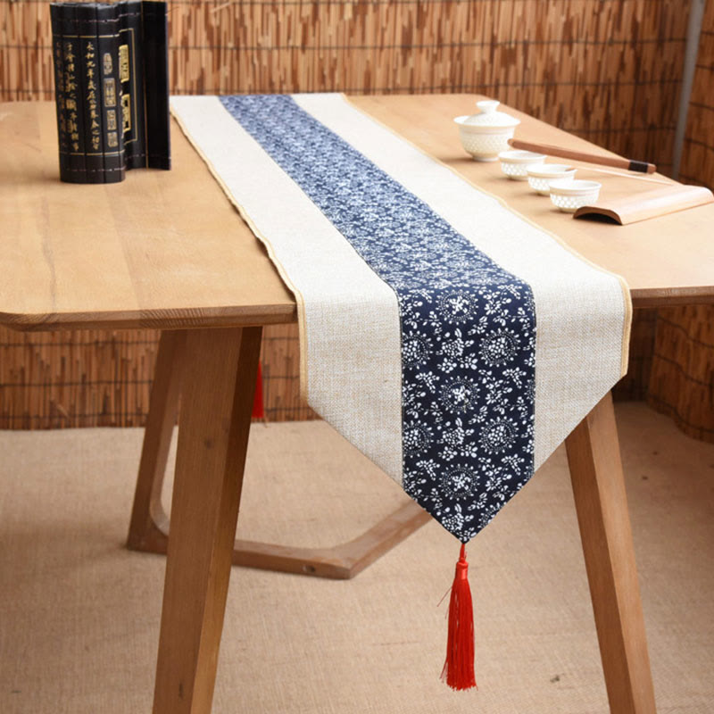 Buddha Stones Classic Chinese Style Lotus Koi Fish Flower Crane Calligraphy Enlightenment Cotton Linen Tassels Table Runner - Beige Dark Blue Flower - 30*180cm - image 25