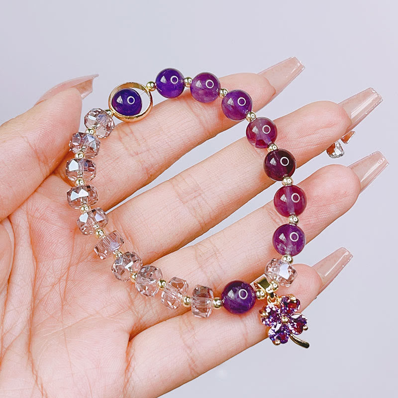 Buddha Stones Amethyst Crystal Four Leaf Clover Healing Charm Bracelet - image 5