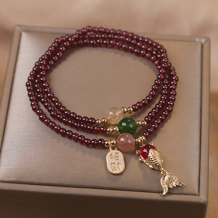 Buddha Stones Natural Garnet Strawberry Quartz Crystal Fox Koi Fish Peace Buckle Fortune Protection Triple Wrap Bracelet - image 5