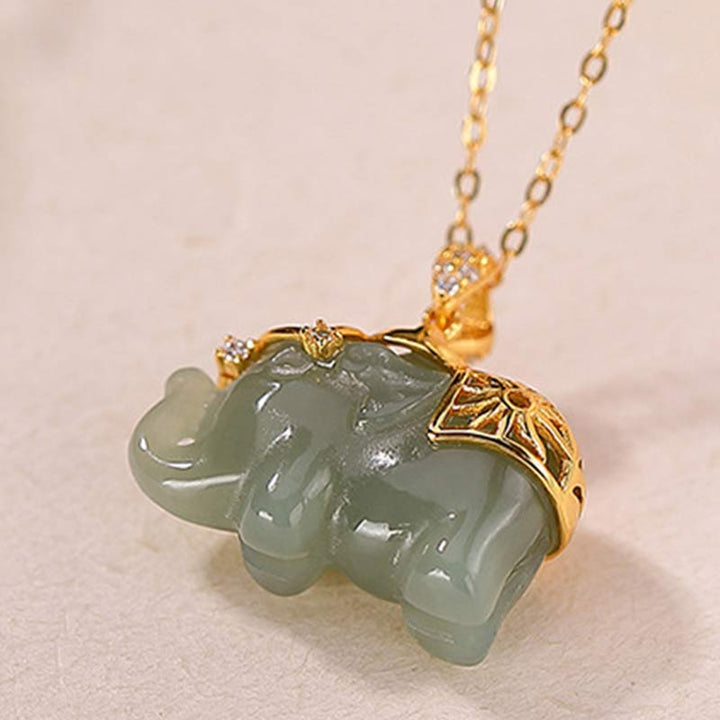 Buddha Stones 925 Sterling Silver Jade Elephant Blessing Fortune Necklace Chain Pendant - image 6