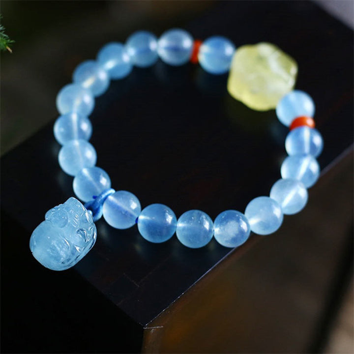 Buddha Stones Natural Aquamarine Amber Pixiu Peace Healing Charm Bracelet - Aquamarine - image 0