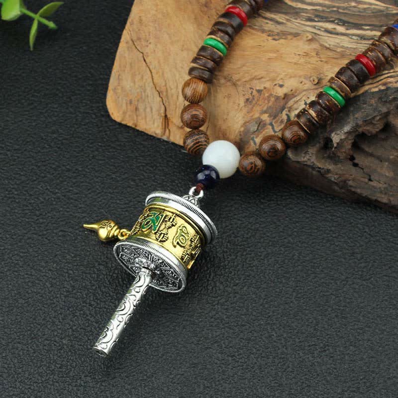 Buddha Stones Tibetan Om Mani Padme Hum Prayer Wheel Rotation Vajra Wood Necklace Pendant - image 5