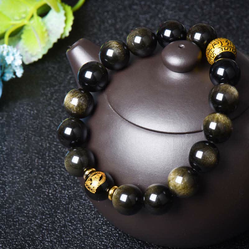 Buddha Stones Chinese Zodiac Natal Buddha Gold Sheen Obsidian Wealth Protection Bracelet - image 21