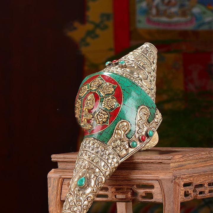 Buddha Stones Tibetan Handmade Engraved Shankha Double Dorje Buddha Conch Shell Wealth Positive Decoration - image 11