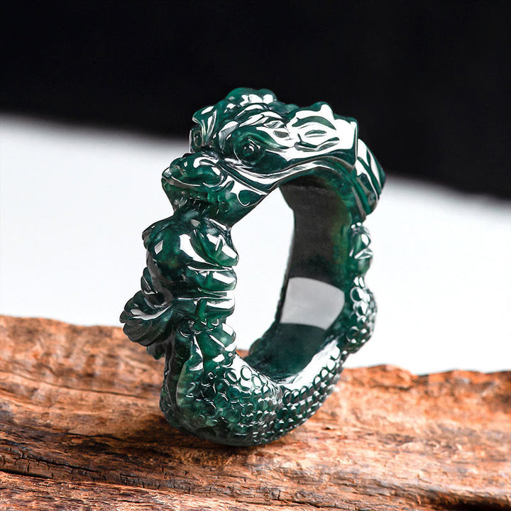 Buddha Stones Natural Cyan Jade Dragon Carved Success Ring - 23-24mm - image 0