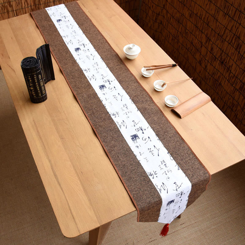 Buddha Stones Classic Chinese Style Lotus Koi Fish Flower Crane Calligraphy Enlightenment Cotton Linen Tassels Table Runner - image 38