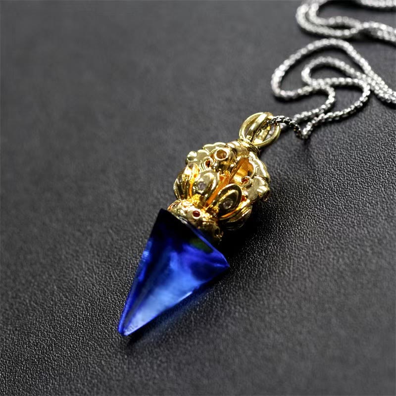 Buddha Stones Tibetan Dorje Vajra 4 Prong Lotus Liuli Crystal Strength Necklace Pendant - Blue Dorje - image 0