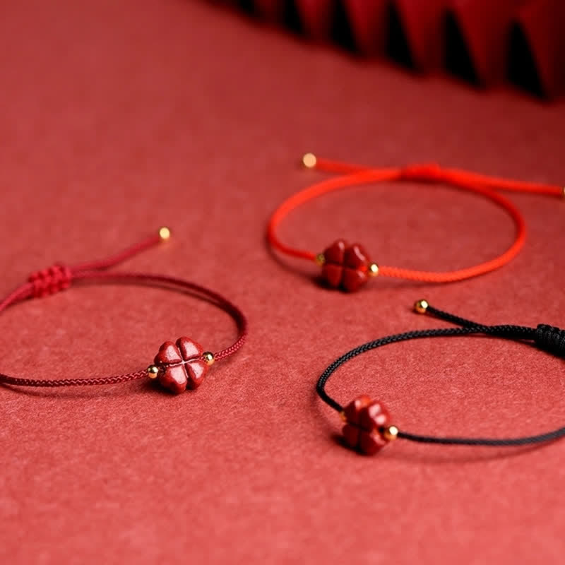 Buddha Stones Natural Cinnabar Four Leaf Clover Blessing Red String Bracelet Anklet - image 13