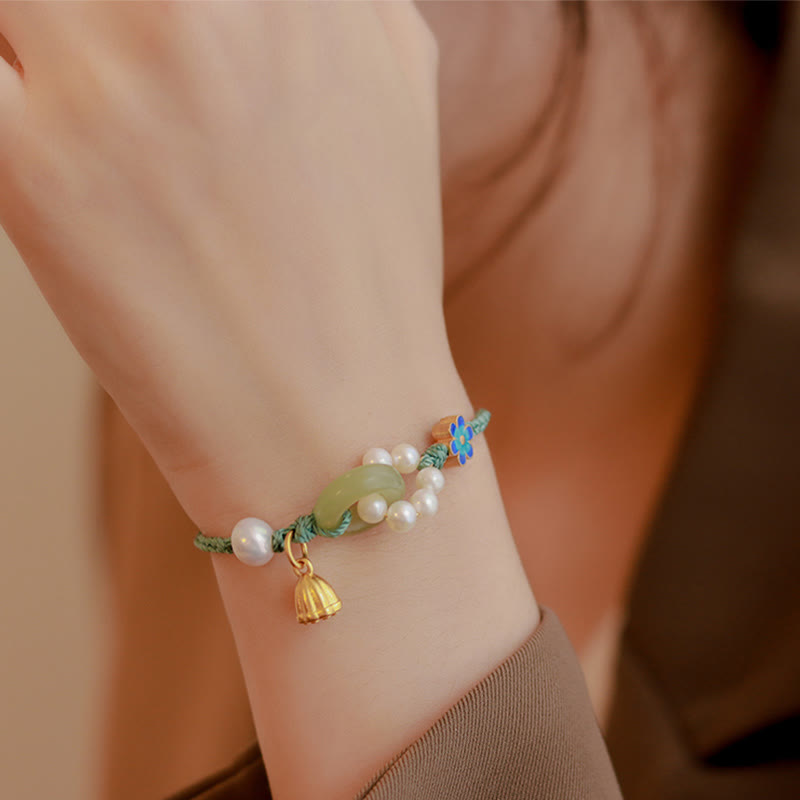 Buddha Stones Natural Hetian Jade Peace Buckle Pearl Luck Handcrafted Braided Bracelet - Peace Buckle Jade&Flower(Wrist Circumference 14-19cm) - image 8