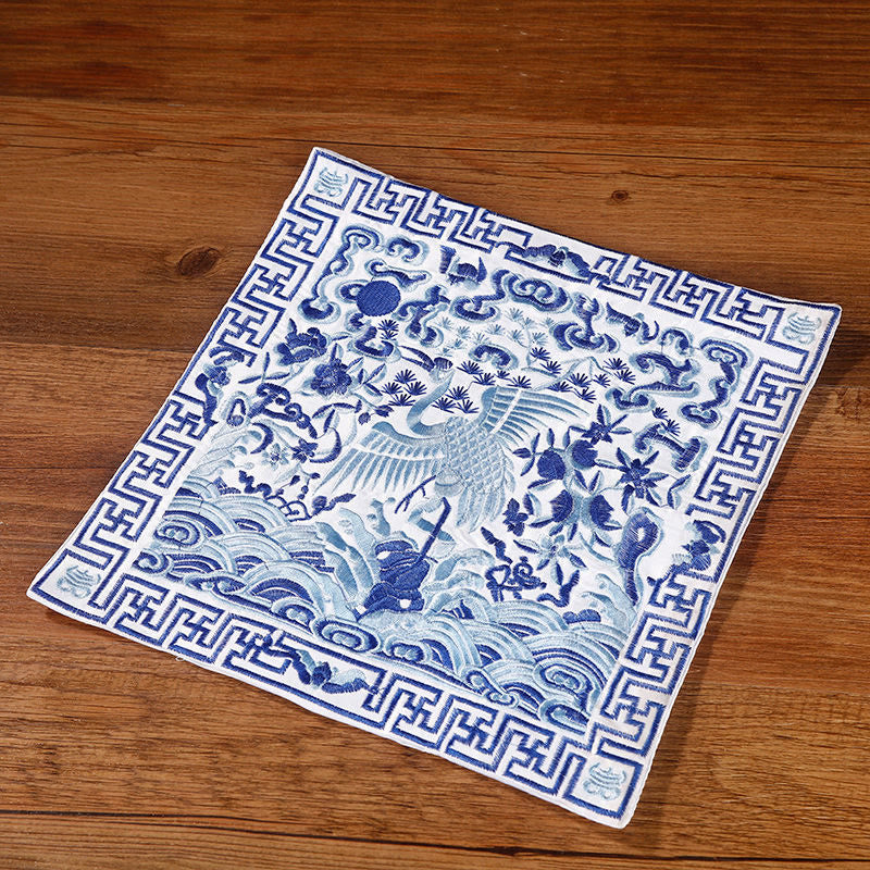 Buddha Stones Crane Phoenix Dragon Kirin Embroidered Cup Mat Pad Tea Cup Coaster Square Kung Fu Tea Mat - Blue And White Crane - image 30