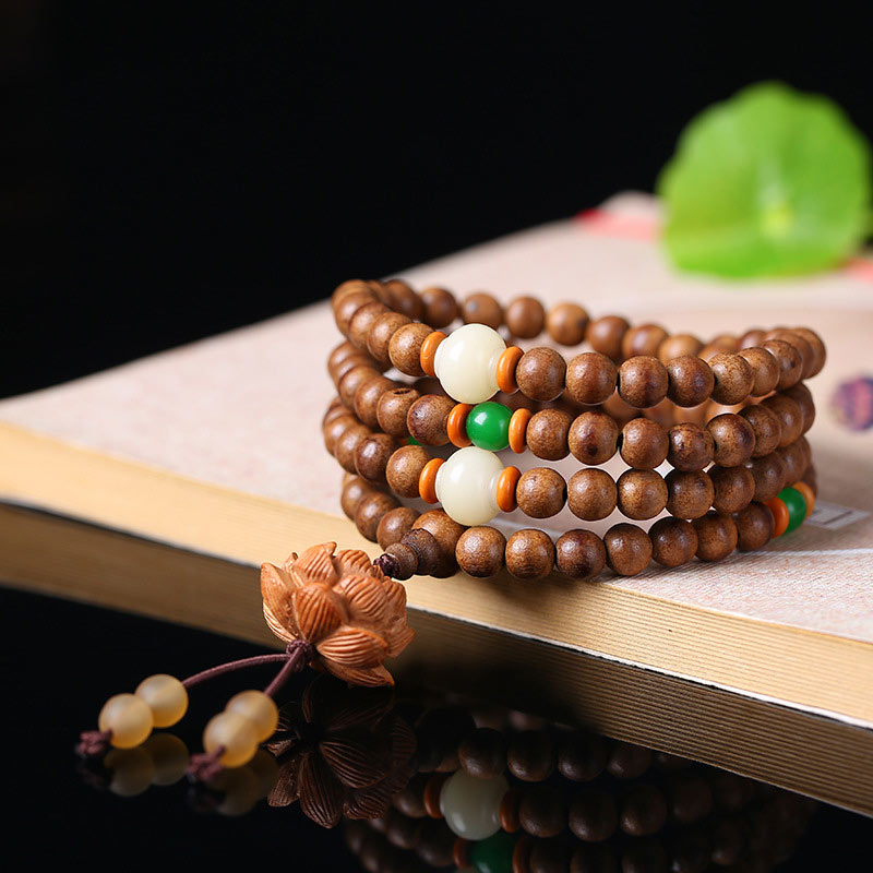 Buddha Stones 108 Mala Beads Peach Wood Bodhi Seed Lotus Prayer Meditation Bracelet - image 1