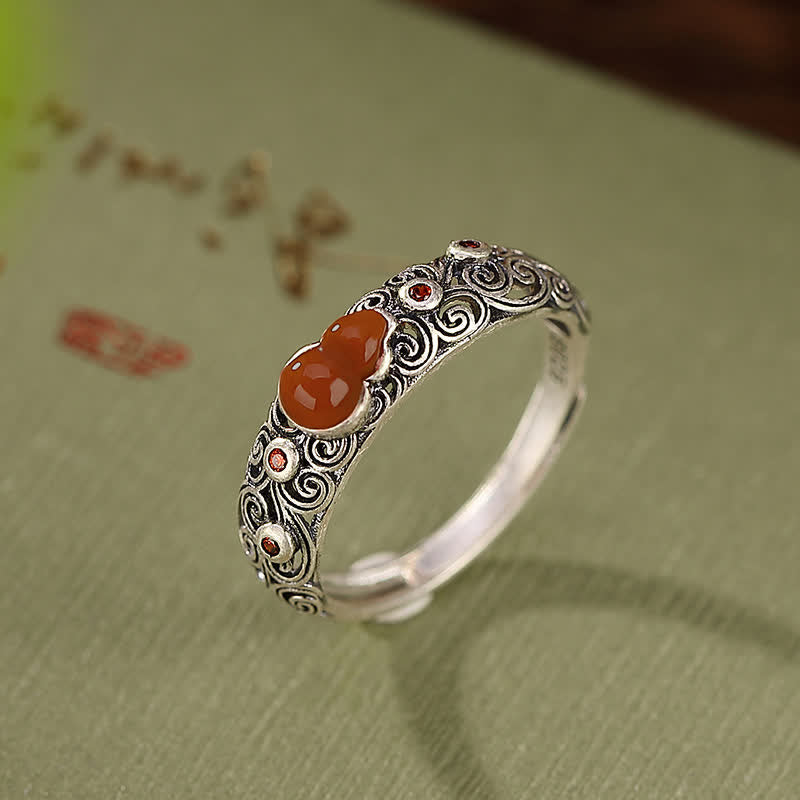 Buddha Stones 925 Sterling Silver Red Agate Cyan Jade Gourd Blessing Auspicious Ring - image 2