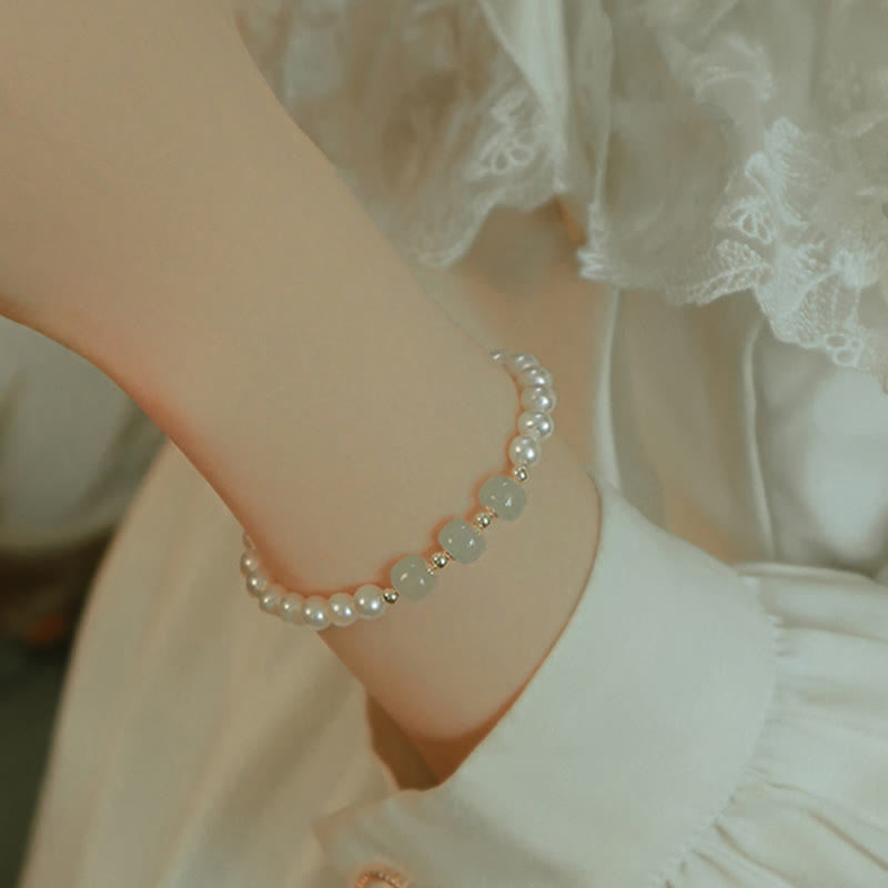 Buddha Stones 14K Gold Plated Natural Pearl Hetian Cyan Jade White Jade Sincerity Bead Chain Bracelet - image 24